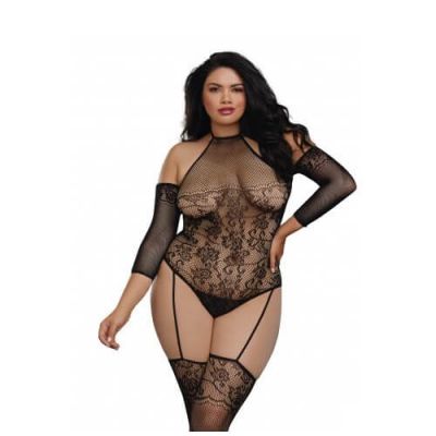 Dreamgirl Plus Size Black Fishnet Teddy Bodystocking with attached Sleeves