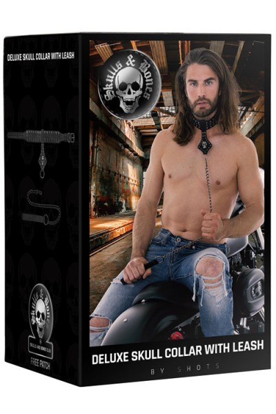 OUCH! Faux Leather Collar with Skulls Neckplate & Chain Leash