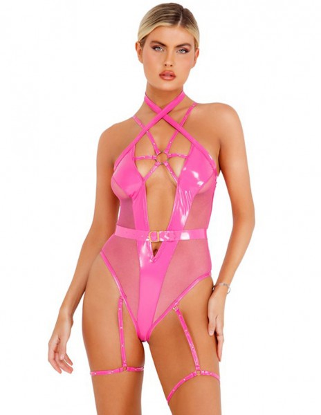 Roma Strappy Vinyl Bodysuit with Detachable Garters and Belt