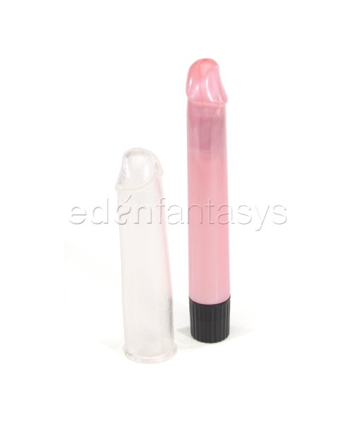 Slender penis vibe with silicone sleeve