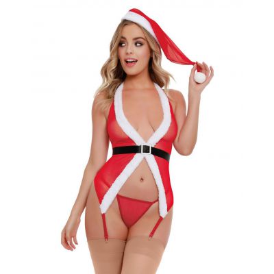 Dreamgirl 3PC Stretch Mesh Gartered Santa Bustier