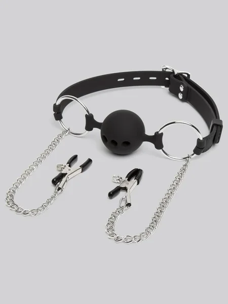 DOMINIX Deluxe Large Breathable Ball Gag with Nipple Clamps — image 16 of 16