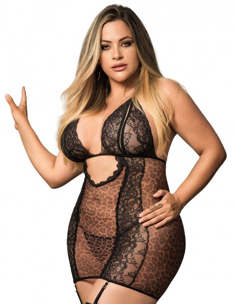 Mapale Lace Leopard Print Chemise with Garters