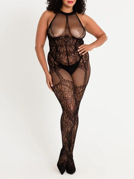 Lovehoney Plus Size Lace and Fishnet Crotchless Basque Bodystocking — image 14 of 14