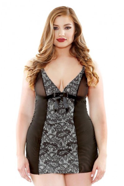 Curve - Dark Floral Panel Chemise & Matching G-string (Plus Size)