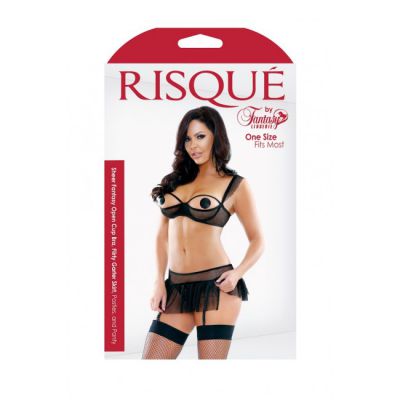 Risque Sheer Fantasy Open Cup Bra Flirty Garter Skirt Pasties Panty One Size