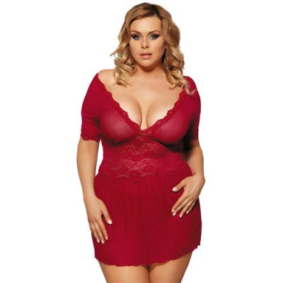 Deep V lace and mesh babydoll set