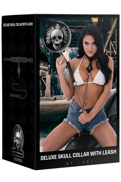 OUCH! Faux Leather Collar with Skulls Neckplate & Chain Leash