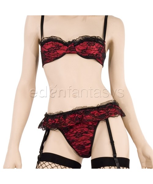 Lace overlayed satin bra and garter set