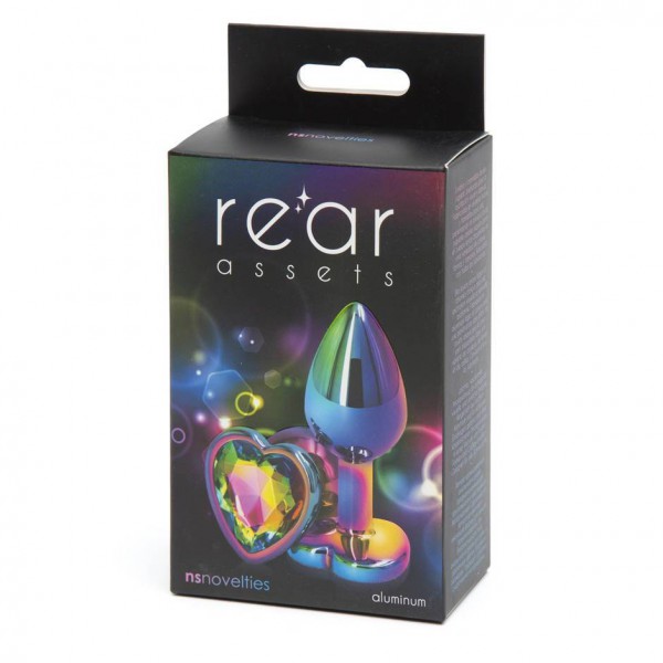 Rear Assets Small Jewelled Rainbow Heart Metal Butt Plug 2 Inch