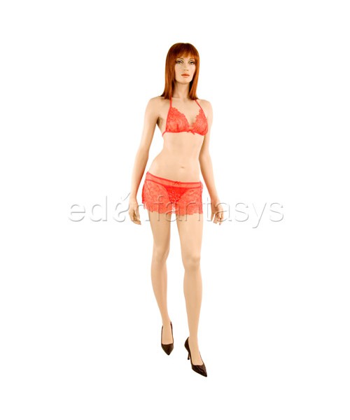 Lace bra, skirt, and thong
