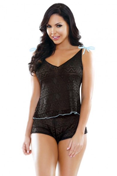 Sleep - Nadia Geo Lace Shoulder Tie Top & Shorts Set (S/M)