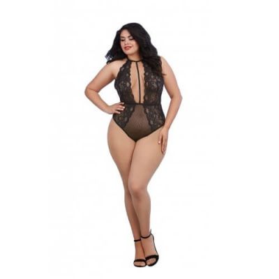 Dreamgirl Queen Size Plunge Front Black Lace Teddy