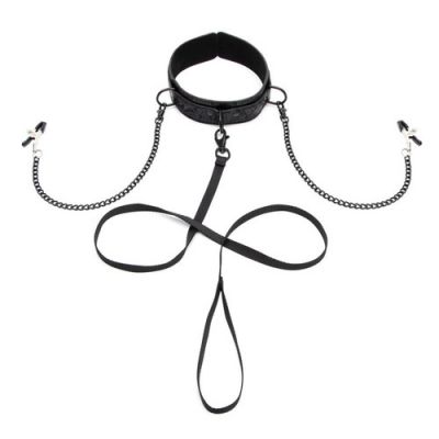 Leather collar with nipple clamps