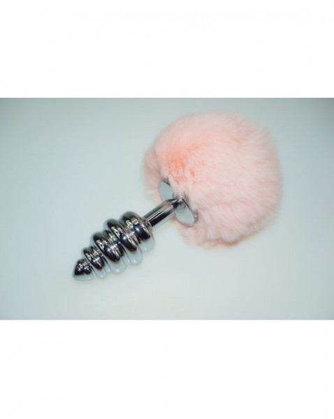 Fluffy Bunny Rippled Butt Plug - Light Pink