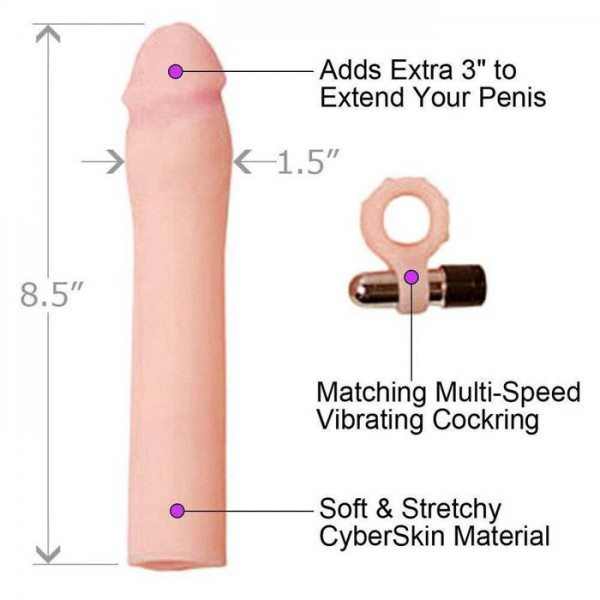 3 In 1 CyberSkin Vibrating Xtra Cock Penis Extension 3 Inch