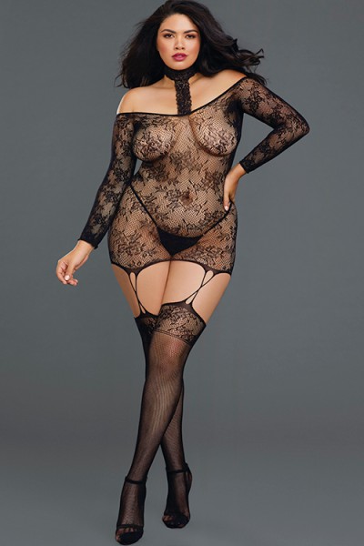Dreamgirl New Wave Off-Shoulder Bodystocking Dress With Thigh Highs