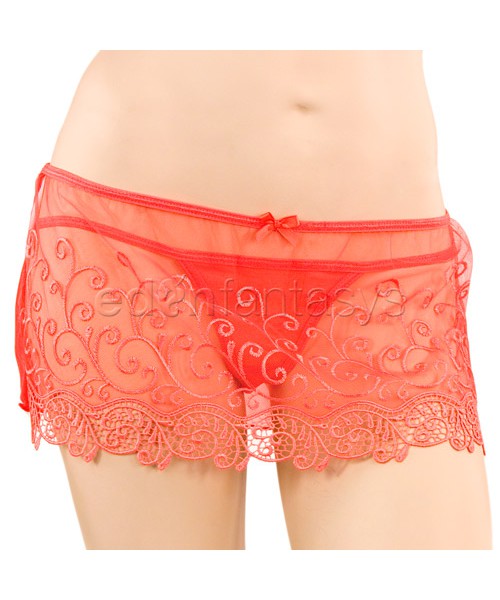 Lace bra, skirt, and thong