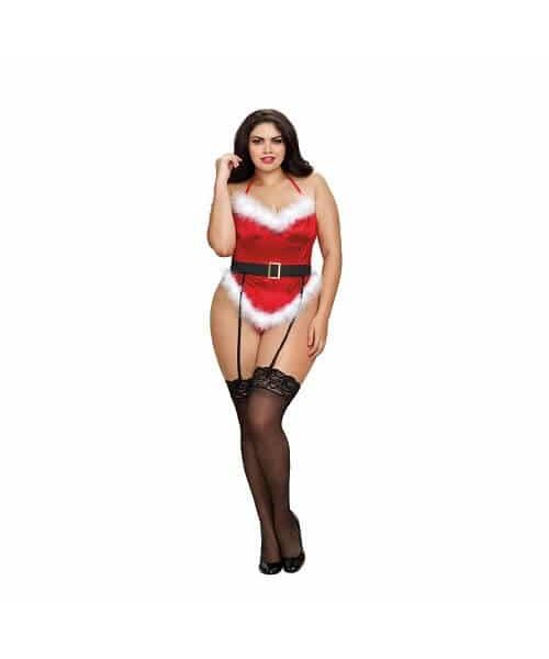Dreamgirl Plus Size Velvet Santa Teddy with Marabou Trim and Garter Belt
