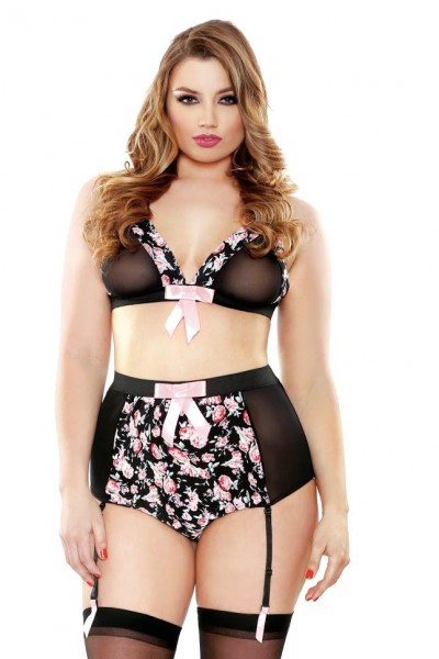 Curve - Retro High Floral Bralette & High Waisted Gartered Panty Set (Plus Size)