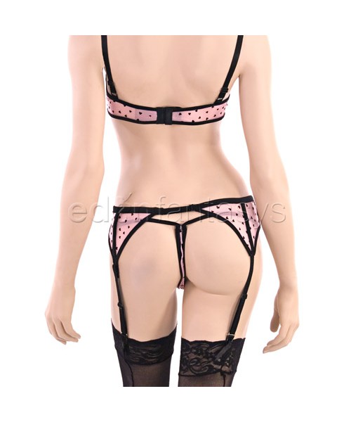 Heart mesh bra with garterbelt and g-string
