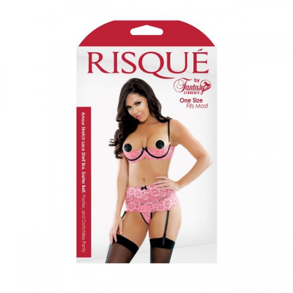 Risque - Amour Stretch Lace Shelf Bra, Garter Belt, Pasties And Crotchless Panty (One Size)