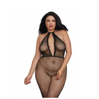 Dreamgirl Plus Size Black Crotchless Fishnet Bodystocking with Plunging Halter Neckline