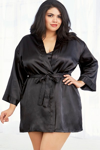 Dreamgirl Perfect Match Black Satin Chemise with Robe