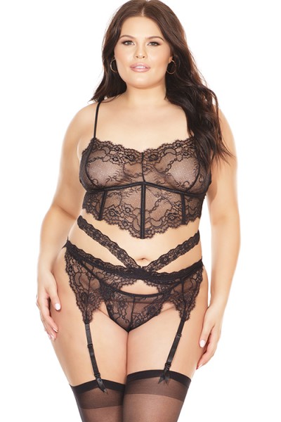 Coquette Nightshade Longline Bra With Garter Belt & G-String