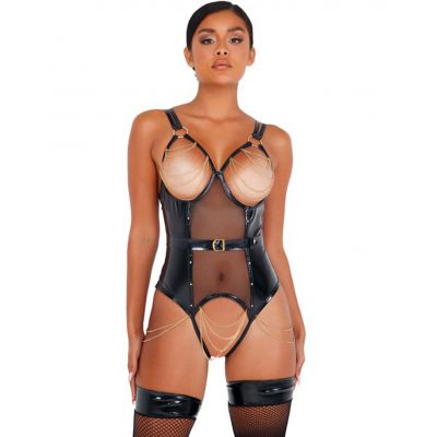 Roma Open Cup Vinyl Bodysuit with Chain Detail and Belt
