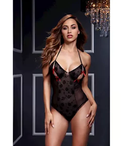 Lace Bodysuit W Bra Slits And Bow - Black / Red  - One Size — image 3 of 4