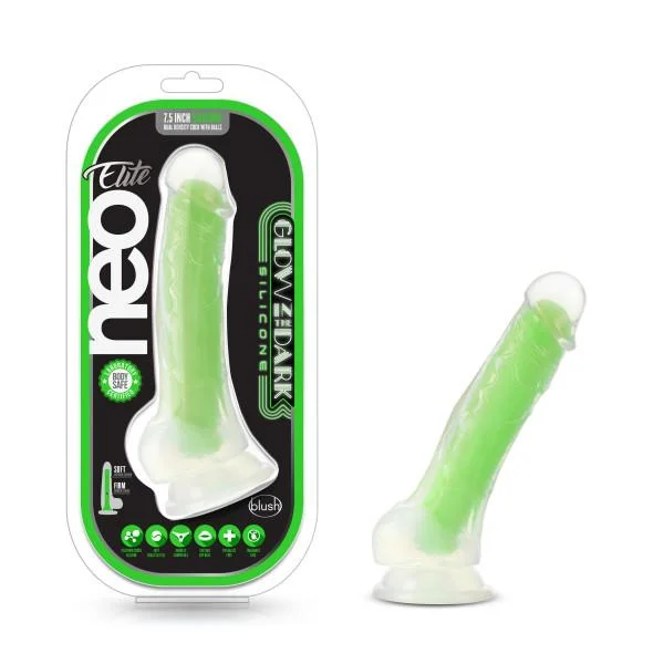Blush Neo Elite GLOW in the Dark 7.5 Inch with Balls Silicone Dual Density Suction Cup Dildo — image 22 of 25
