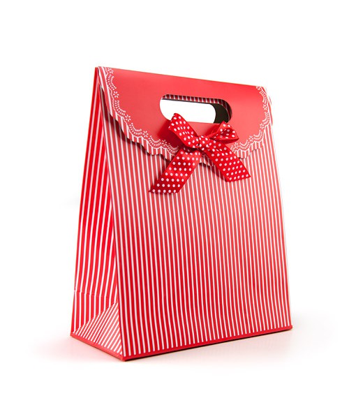 Red gift tote with stripes
